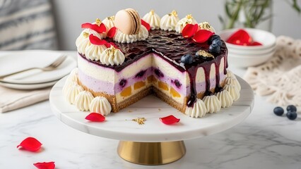 Elegant sliced layered cheesecake or mousse cake with berries, macarons, and piped cream frosting, presented on a white and gold cake stand