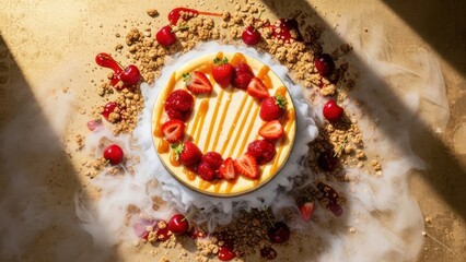 Artistic overhead view of a small round cheesecake or tart surrounded by crumbled crust, fresh strawberries, cherries, and dramatic dry ice smoke