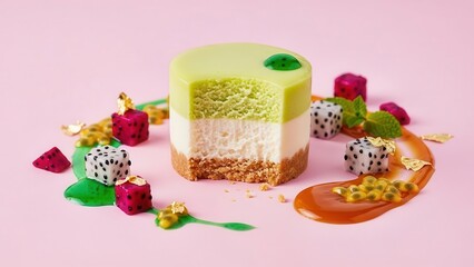 Single serving of layered green and white cheesecake with passion fruit sauce and diced dragon fruit on a light pink background, isolated on white