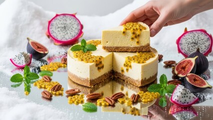 Delicious passion fruit and dragon fruit cheesecake slice being served, surrounded by fresh exotic fruits and mint leaves on a reflective surface with white snowy background, isolated on white