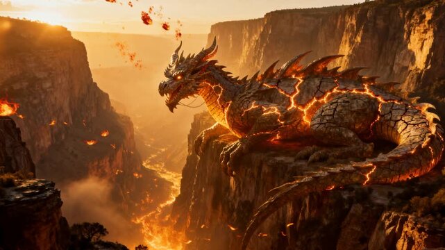 cinematic colossal dragon ancient canyon wall glowing arcane fissures golden hour fantasy epic