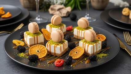 Four individual portions of white cheesecake topped with macarons and garnished with blackberries, dried orange slices, and raspberry on a dark plate, isolated on white