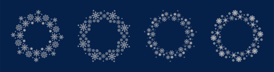 Set of 4 gentle winter circle wreaths. Flat vector illustration with lacy white snowflakes on blue background. Ideal for invitation, cover, label, card, poster, album