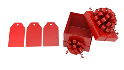 Three blank red gift tags and an open red gift box with a large red bow and ribbon