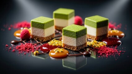 Four square layered matcha green tea and vanilla mousse desserts with passion fruit sauce and freezedried raspberry powder on a dark reflective surface
