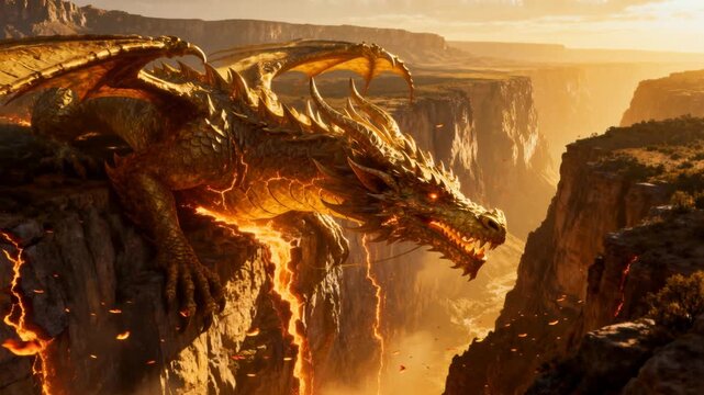 cinematic colossal dragon ancient canyon wall glowing arcane fissures golden hour fantasy epic