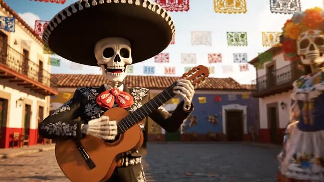 Cheerful skeleton mariachi band playing guitar and dancing in the vibrant town square for the Day of the Dead celebration
