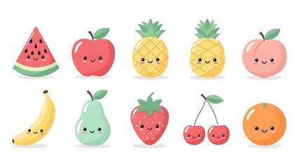 Kawaii Fruit Vector | Cute Cartoon Fruits Clipart | Pastel Kawaii Food Pack