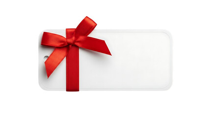 Blank white gift card tied with a vibrant red ribbon on a stark black background