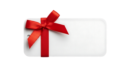 Blank white gift card tied with a vibrant red ribbon on a stark black background