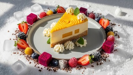 Slice of mango cheesecake on a grey plate surrounded by fresh berries, colorful jellies, and chocolate shavings, set on a snowy or icy white surface