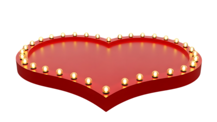 Illuminated red heart shaped stage surrounded by warm glowing candles on a dark background