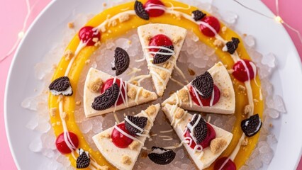 Five slices of white cheesecake or tart arranged in a circle on a white plate, decorated with yellow sauce, red berries, and dark cookie crumbles, creating a pizzalike presentation