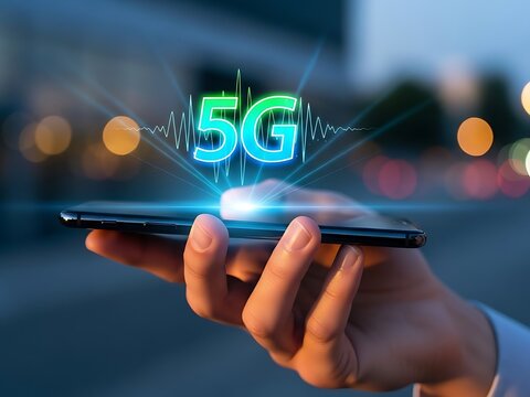 Hand holding a smartphone with glowing 5G network symbol above it, representing high-speed mobile internet technology, with blurred city lights in background - Powered by Adobe