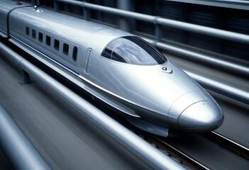 Fototapeta premium A sleek futuristic high-speed train glides along an elevated rail track, showcasing advanced transportation technology, modern engineering, rapid mobility, and innovative design for future urban trans