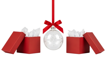 Festive christmas ornament suspended above two open red gift boxes filled with white tissue paper
