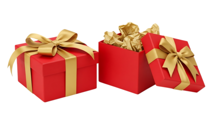 Festive red and gold striped gift boxes tied with elegant ribbons on a black background