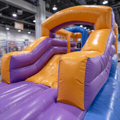 Colorful inflatable playground with bounce house indoors.