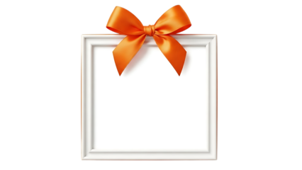 Elegant white frame adorned with a vibrant orange satin bow on a stark black background