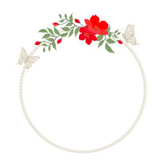 Elegant Round Pearl Border with Red Flowers and Butterflies. Romantic White Pearl Circle Wreath with Deep Red Blossoms. Vector Illustration of Pearl Frame for Wedding or Valentine's Day.