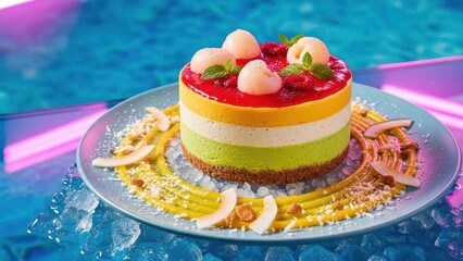 Exotic layered mousse cake with lychee topping and red fruit glaze, served on a blue plate surrounded by ice cubes and yellow sauce swirls, set by a bright blue pool