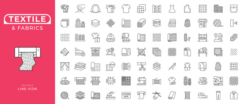 Textile and Fabric Line Icons Set. Editable Stroke Material Symbols for Clothing, Industry, and Product Features Line Icon Set