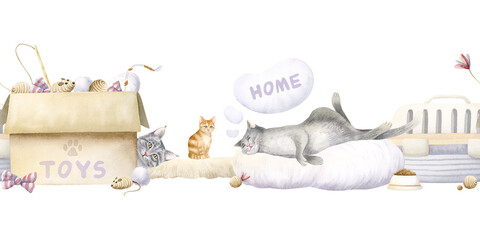 Watercolor funny cats and kitten watercolor seamless border isolated on white with gray and orange cats, box, toys and pet carrier. Hand drawn animals repeat banner for adoption concepts