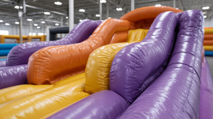 Colorful inflatable slide in an indoor play area.