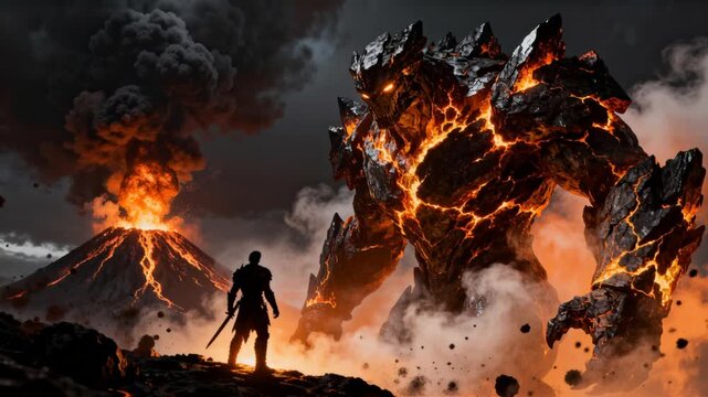 cinematic warrior silhouette gigantic molten rock titan volcanic steam rim lighting fantasy epic