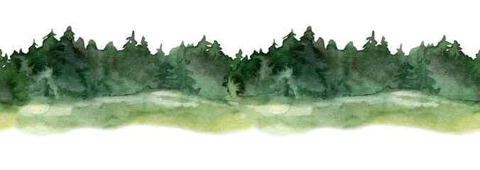 Watercolor seamless forest border with deep green trees, soft mist and natural gradient tones. Ideal for eco designs, packaging, children s products, prints, textiles, invitations and branding