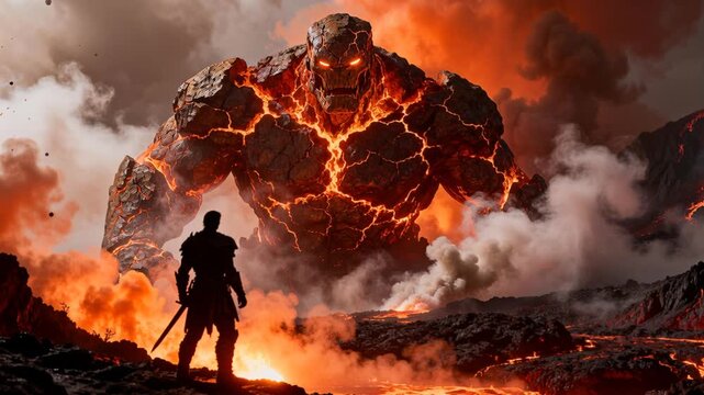 cinematic warrior silhouette gigantic molten rock titan volcanic steam rim lighting fantasy epic