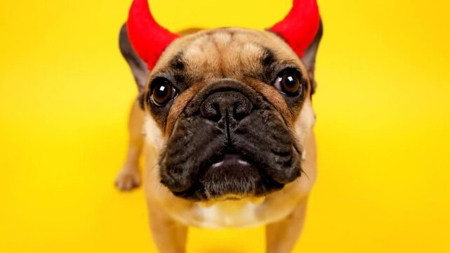 Cute French Bulldog Wearing Red Devil Horns Licking Its Lips While Looking Directly at the Camera