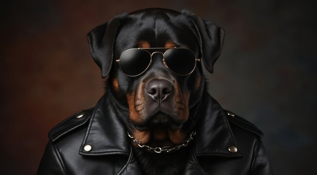 A stylish Rottweiler with aviator glasses and a leather jacket, with a chain around his neck. Dark background, contrasting light. A cool image for advertising, covers and posters