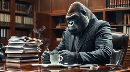 A gorilla in a business suit sits with a cup of coffee. Suitable for advertising, coffee, drinks, and business style. 3D illustration for blogs, banners, and presentations.
