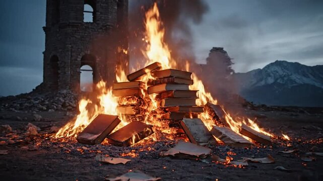 Burning books in front of an old stone tower under a cloudy sky symbolizing knowledge destruction and censorship