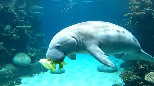 Underwater view of a gray dugong eating lettuce in a marine aquarium surrounded by coral reefs