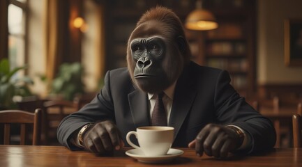 A gorilla in a business suit sits with a cup of coffee. Suitable for advertising, coffee, drinks, and business style. 3D illustration for blogs, banners, and presentations.