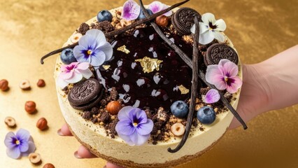 Hand holding an elaborate dark chocolate cheesecake decorated with edible flowers, blueberries, vanilla beans, and gold leaf