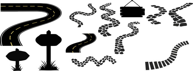 Massive Vector Pack of Roads, Winding Stone Paths, Archways, and Rustic Wooden Sign Silhouettes for Design