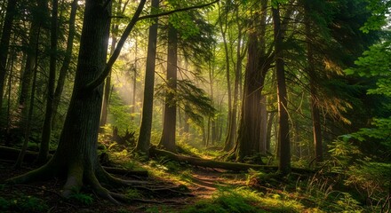 Obraz premium Sunlit forest trail scenic path through tall trees and lush greenery