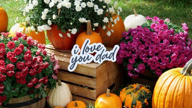 Person Sets down the words I Love You Dad on crate surrounded by Pumpkins and Mums Flowers in the Autumn 4k Video Stock Footage