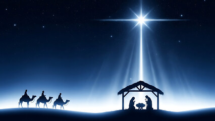 Nativity scene with star and camels under a night sky