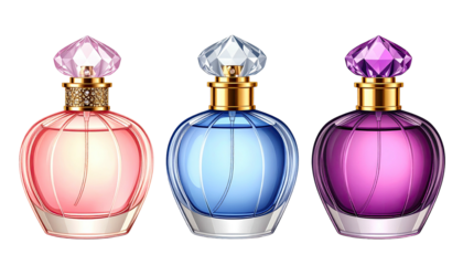 Three colorful glass perfume bottles with gem stoppers