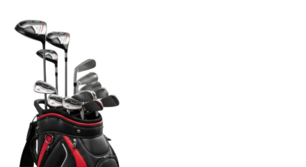 a professional black and red golf bag packed with gleaming titanium drivers and forged steel irons, against a transparent studio background with ample right copy space, premium golf equipment concept