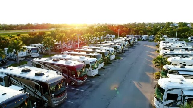 Aerial view of a large RV dealership parking lot with rows of motorhomes during the golden hour sunset