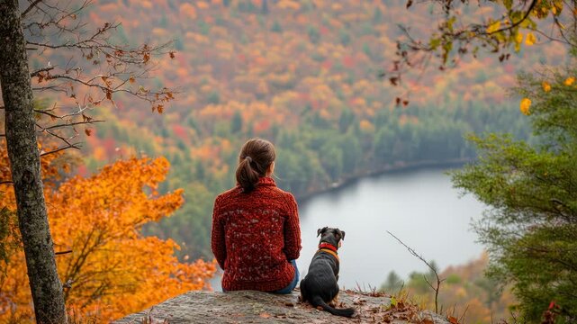 Enjoying the autumn view with a loyal companion in nature