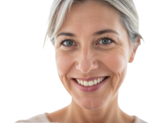 Woman with light hair smiles brightly against a plain background showing happiness and joy in her expression