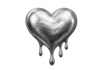 Melting chrome heart dripping liquid metal on transparent background