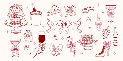 Hand drawn coquette wedding elements. Vintage cute symbols with ribbon and bow in simple crayon sketch style. Trendy art for Valentine day and bachelorette invitations. Festive vector illustration.