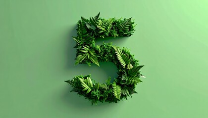 Lush Green Foliage Forms the Number Five on a Vibrant Green Background.